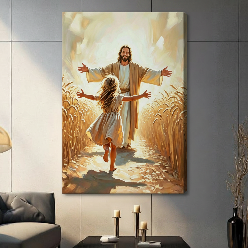  Jesus with open arms welcoming barefoot girl in golden wheat field faith oil painting frameless gallery wrap stretched canvas on dark gray wall above console table with black vase
