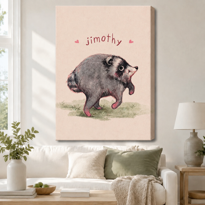 Jimothy funny opossum canvas wall art in cottagecore style hung above a white sofa with sage green cushions in a cozy neutral living room, no frame, blush pink background