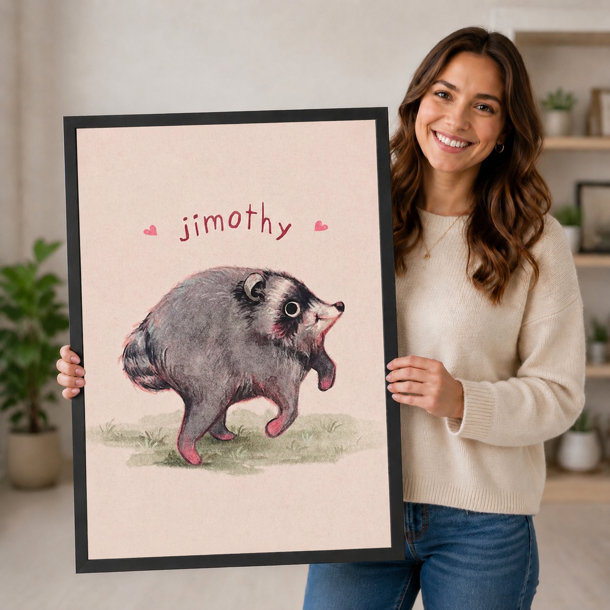 Smiling woman holding a large black-framed Jimothy opossum art print showing scale reference, cute cartoon possum with hearts on blush pink background, funny animal wall art gift idea