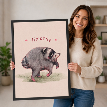 Smiling woman holding a large black-framed Jimothy opossum art print showing scale reference, cute cartoon possum with hearts on blush pink background, funny animal wall art gift idea