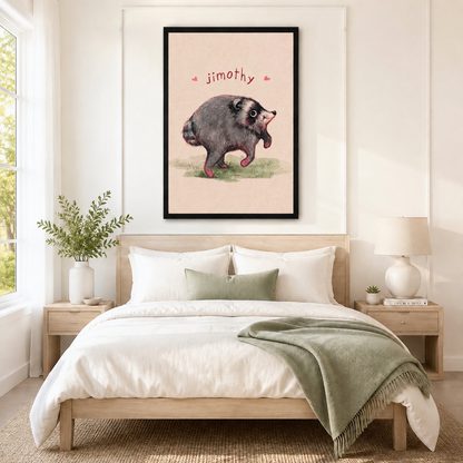 Large framed Jimothy opossum poster hung as bedroom wall art above a low oak bed with white linen and sage green throw in a serene Japandi-style room with warm neutral tones