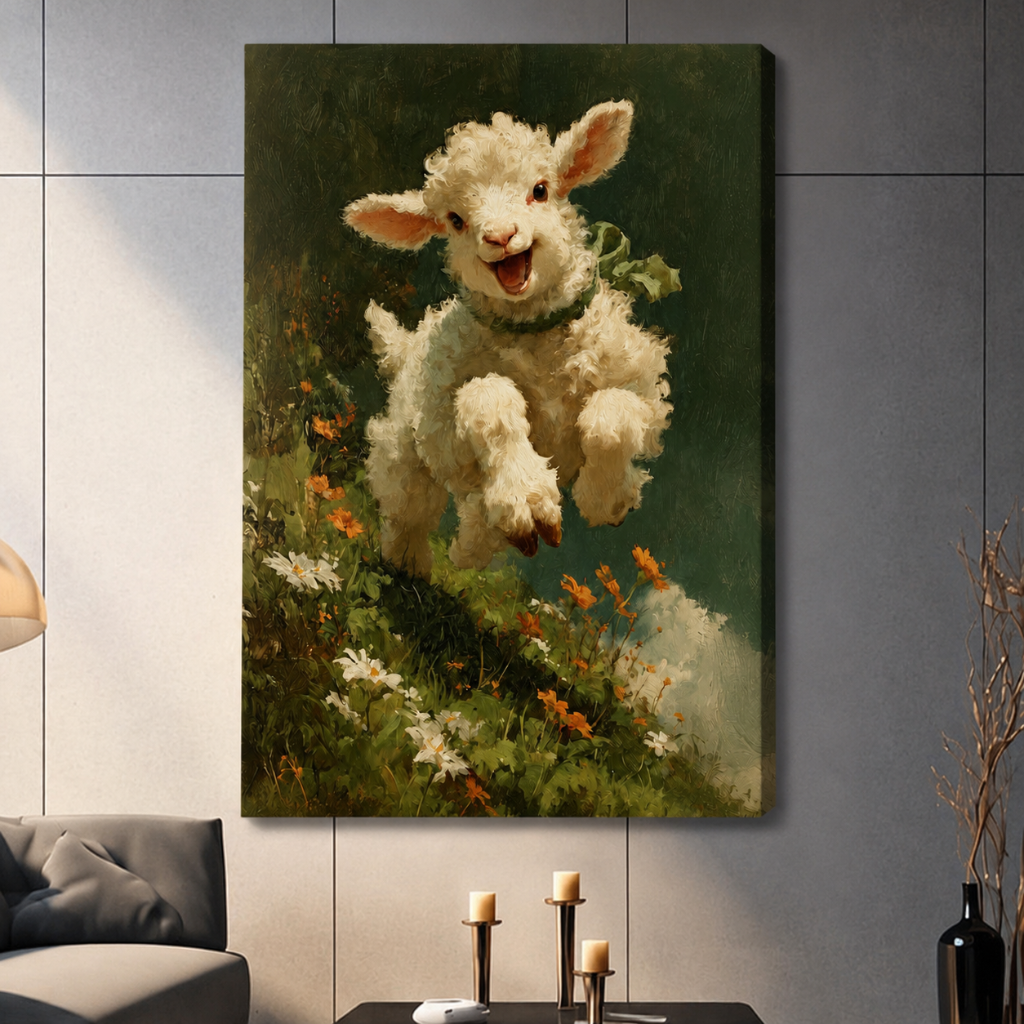 Cheerful baby lamb jumping through a meadow of daisies and orange flowers, classic oil painting canvas print hung in a contemporary living room interior