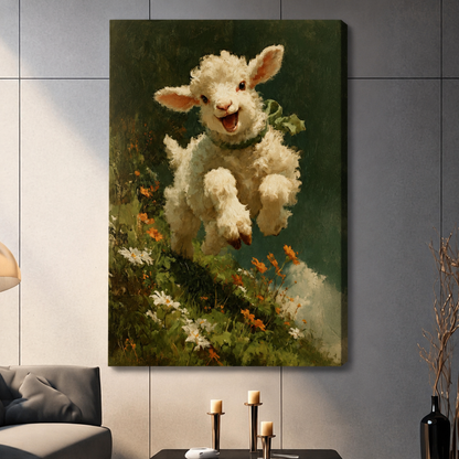 Cheerful baby lamb jumping through a meadow of daisies and orange flowers, classic oil painting canvas print hung in a contemporary living room interior