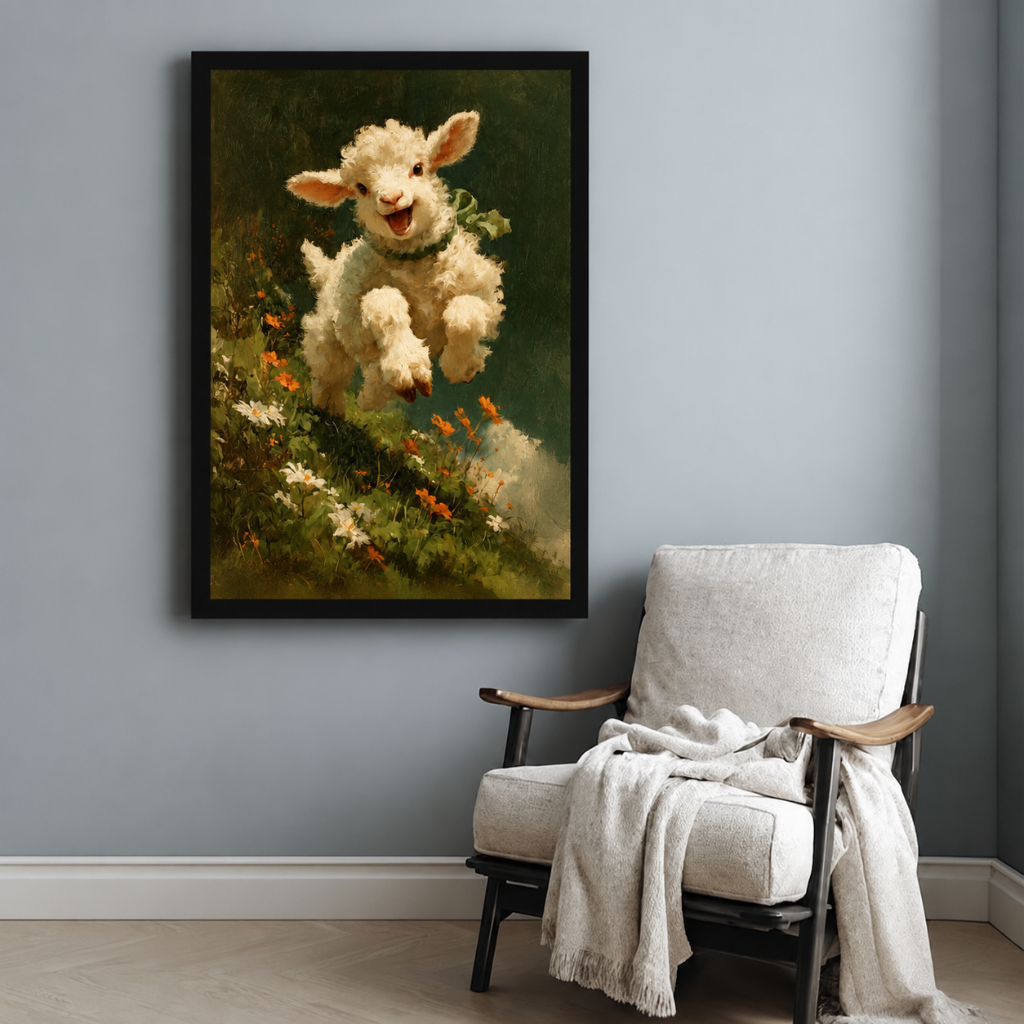 Whimsical white lamb bounding over a flower-covered hillside, antique-style oil painting in black frame, wall art styled in a cozy reading nook with linen armchair