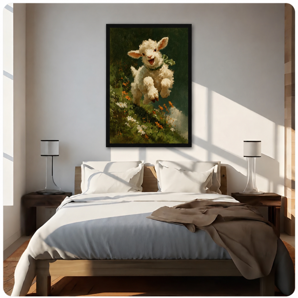 Playful lamb wall art in black frame mounted above a neutral-toned bed, vintage pastoral oil painting style, ideal farmhouse or cottagecore bedroom decor