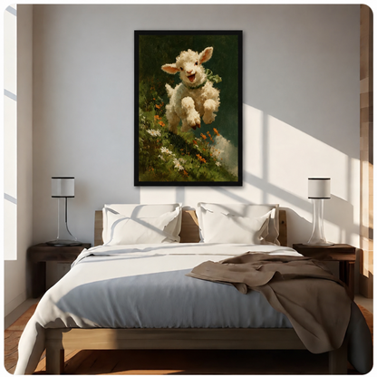 Playful lamb wall art in black frame mounted above a neutral-toned bed, vintage pastoral oil painting style, ideal farmhouse or cottagecore bedroom decor