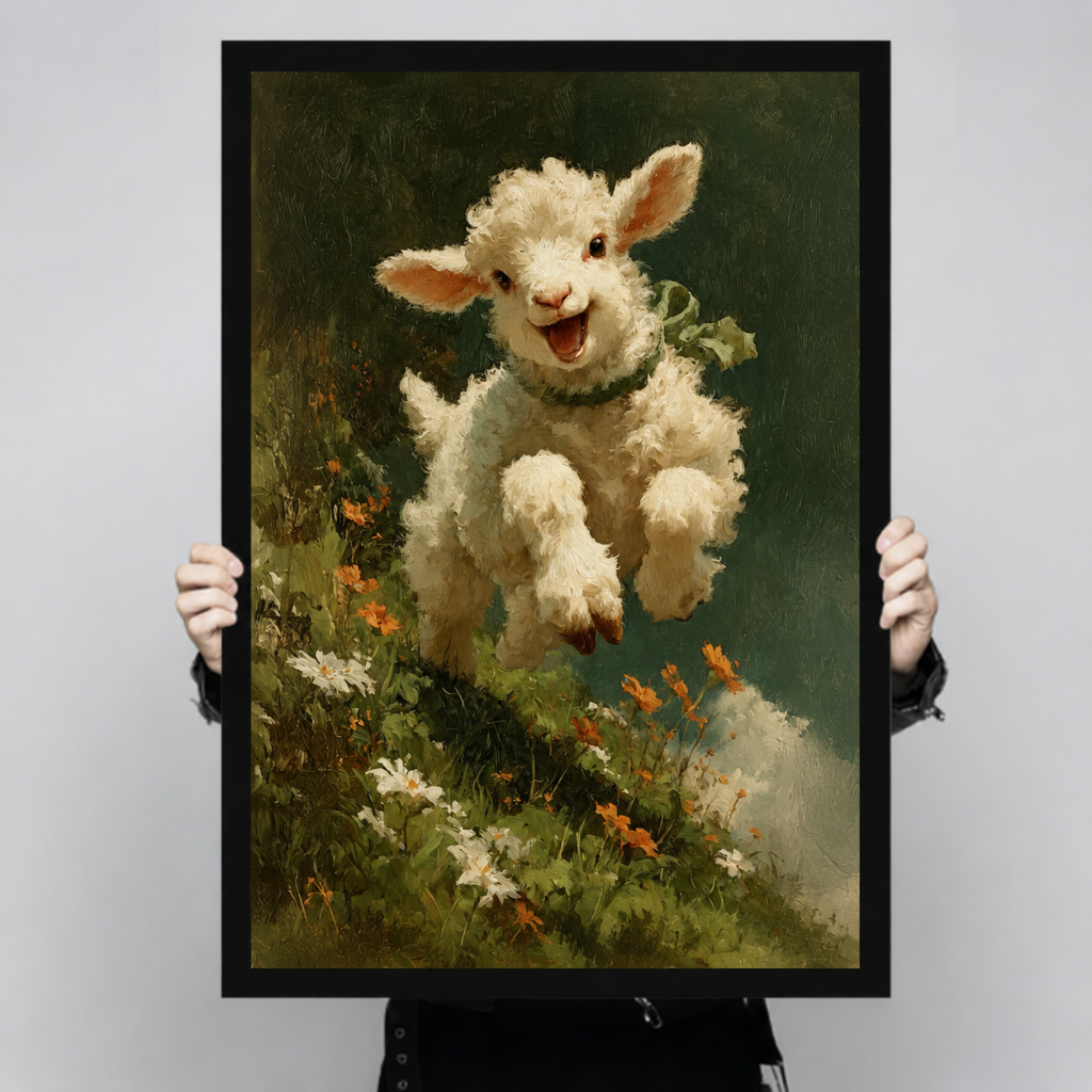 Close-up detail of a vintage-style oil painting print featuring an exuberant lamb leaping mid-air above wildflowers, shown in a bold black frame
