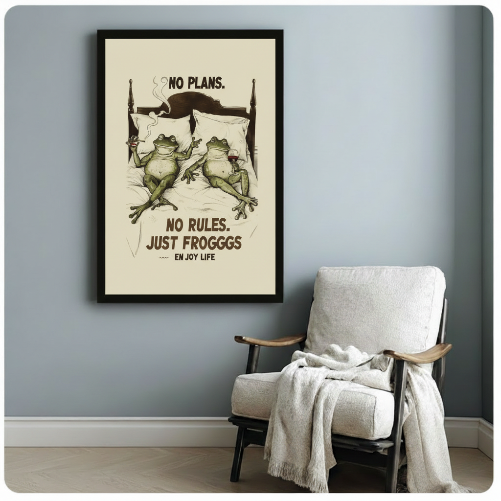 Humorous two frogs in bed framed art print beside cozy armchair, Just Frogggs Enjoy Life vintage wall poster in black frame for living room or den