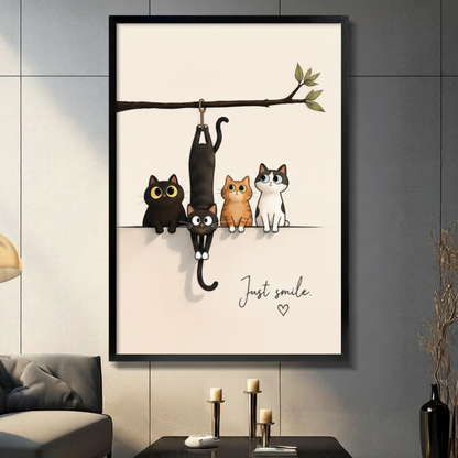 Black float-framed canvas "Just Smile" cat wall art – four whimsical cats hanging on tree branch – funny minimalist cat lover canvas print for contemporary living room decor