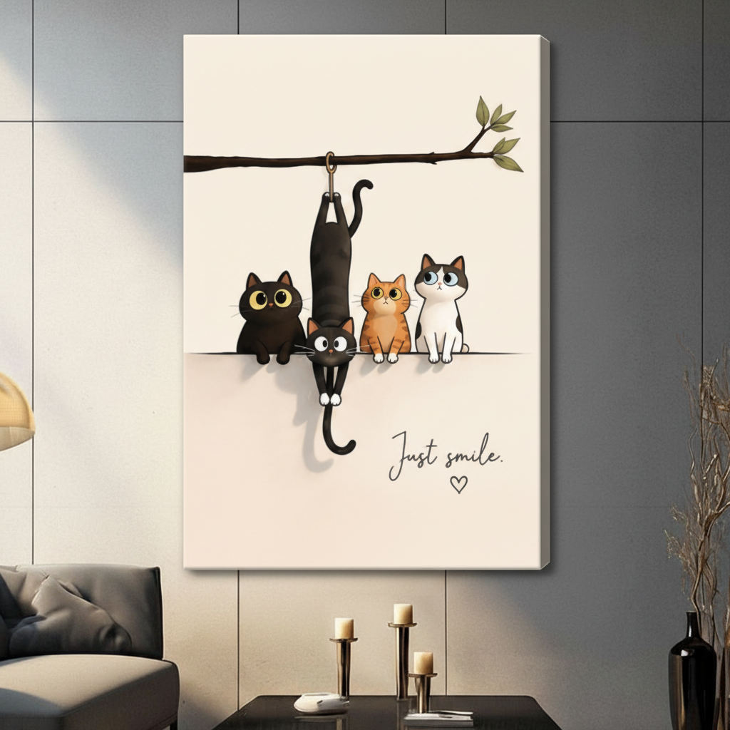 Just Smile cats on branch canvas wall art – unframed canvas wrap with four cute cats and upside-down black cat illustration – large minimalist pet art print for modern home decor