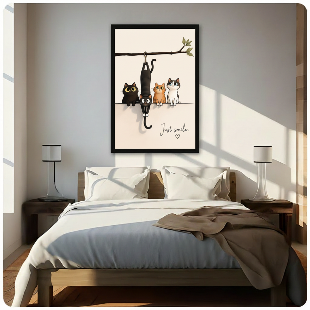 "Just Smile" cute cat quote framed art print above bed – four whimsical cats on tree branch with dangling black cat – charming pet wall decor for bedroom