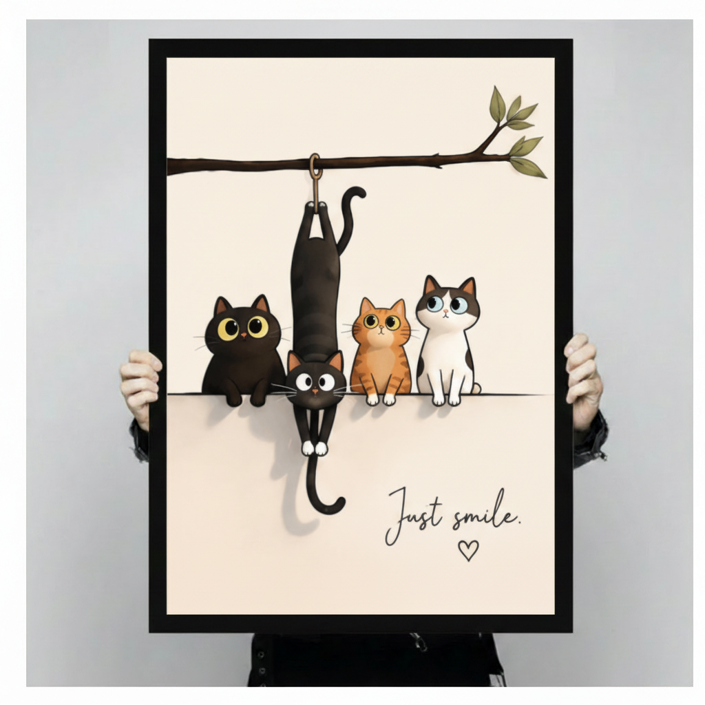 Framed funny cats hanging on branch art print – "Just Smile" whimsical four-cat illustration with heart – premium minimalist cat lover wall art gift in black frame