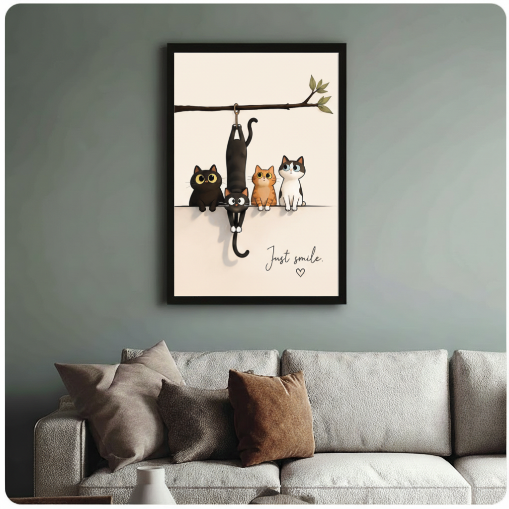 Black framed whimsical cat branch wall art above sofa – "Just Smile" funny four-cat illustration – minimalist cute pet poster for living room decor