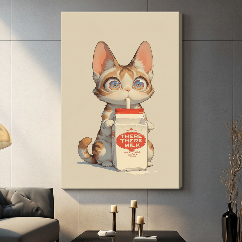 Cute anime tabby kitten with big blue eyes clutching a There There Milk carton on a cream background funny cat wall art stretched canvas in a living room with dark gray tiled wall gray sofa candle holders and black vase