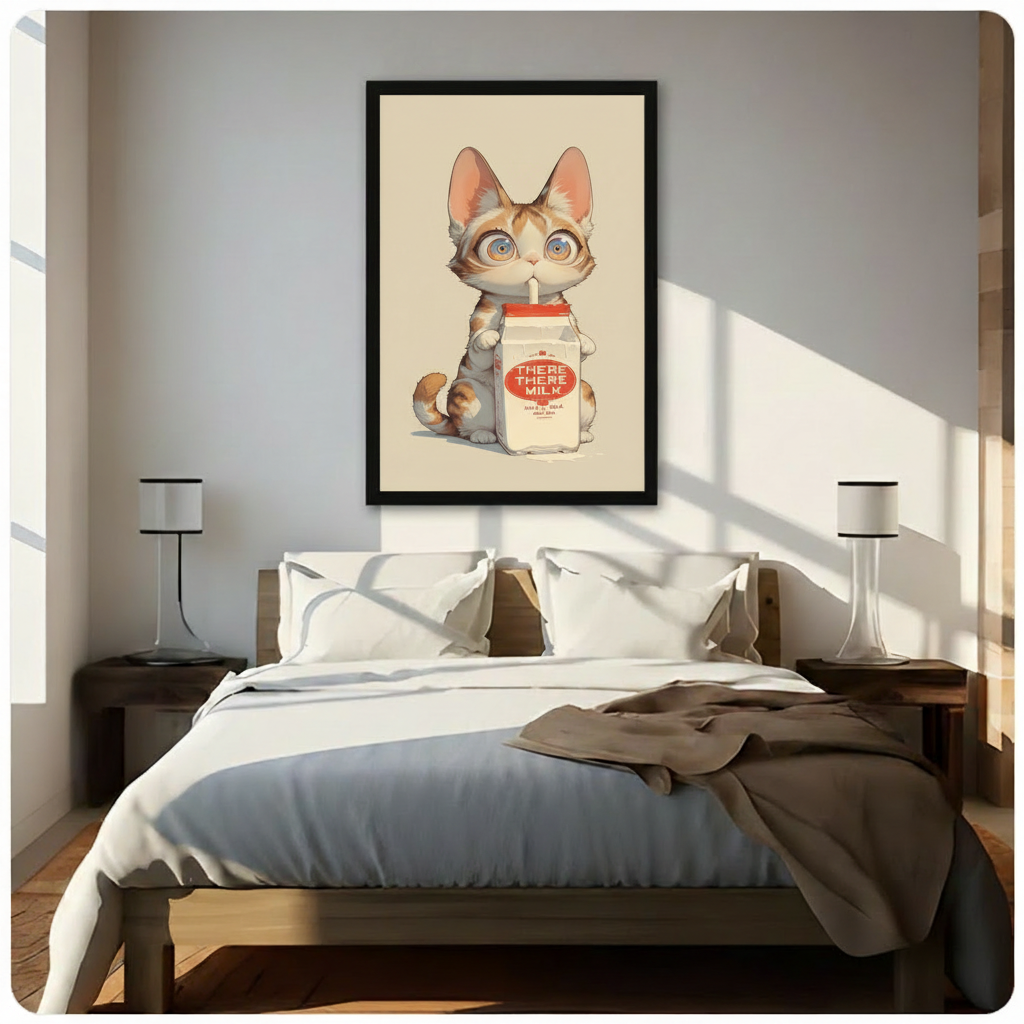 Charming tabby kitten with oversized blue eyes sipping milk from a There There Milk carton on a warm cream background kawaii cat wall art framed print above a bedroom with white linen bedding dark wood bed frame and white table lamps