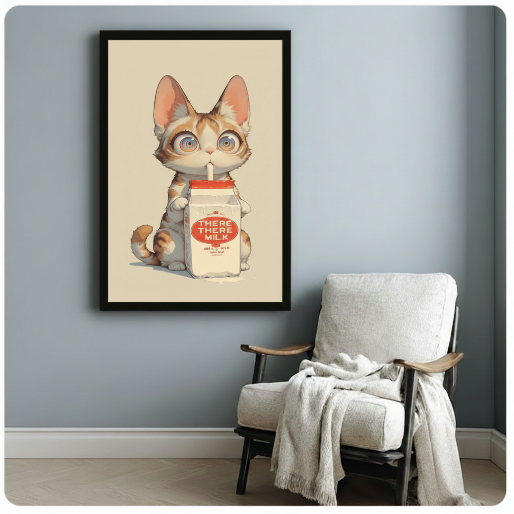 Adorable wide-eyed kitten sitting with a There There Milk carton and drinking straw on a warm beige background kawaii cat art framed print beside a white folding armchair with a cream throw blanket on a blue gray wall