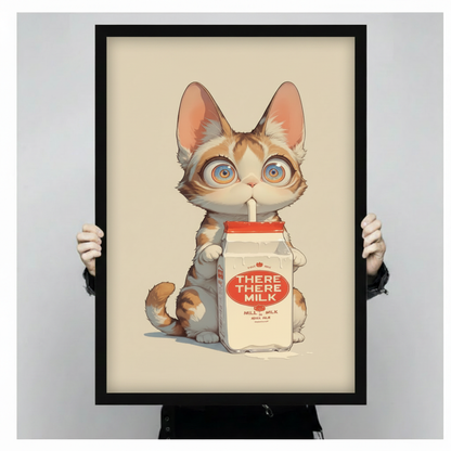 Expressive anime kitten with large round eyes holding a There There Milk carton on a cream background cute cat poster framed print held against a light gray background