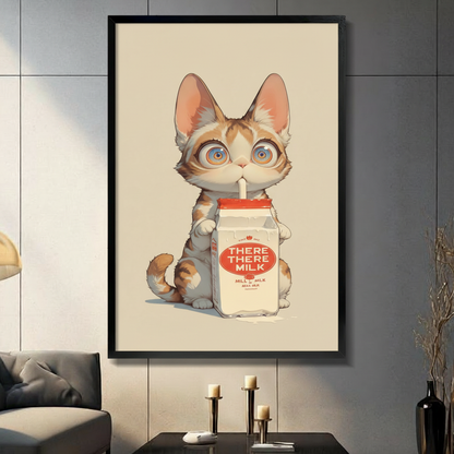 Wide-eyed tabby kitten with big blue eyes hugging a There There Milk carton and sipping from a straw anime illustration cute cat wall art framed print in a living room with dark gray tiled wall gray sofa candle holders and black vase