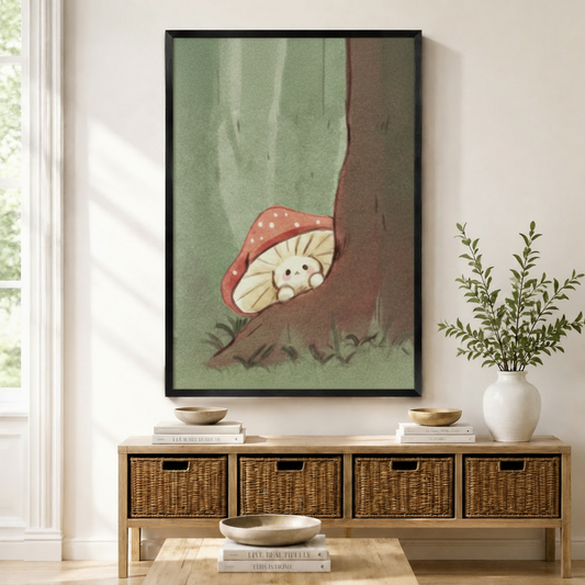 Kawaii mushroom creature peeking from forest tree canvas wrap wall art displayed above white sofa in bright cottagecore living room
