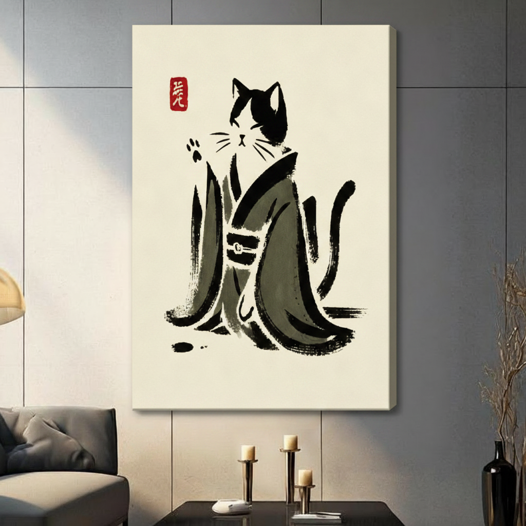 Gallery wrap stretched canvas of a graceful tuxedo cat dressed in a traditional dark gray kimono with a delicate waist sash one paw raised and tail lifted in a relaxed pose bold expressive Japanese ink wash brushstrokes on a warm ivory rice paper background with a red artist seal stamp upper left elegant sumi-e cat illustration hung frameless on a dark gray paneled wall above a charcoal sofa with gold candlesticks and black bud vase