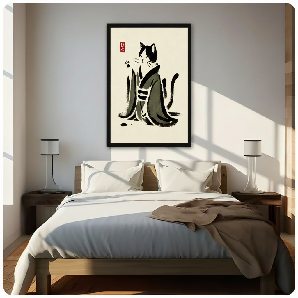 Black framed elegant Japanese sumi-e canvas wall art of a black and white cat wearing a flowing dark gray kimono with a delicate sash seated with one paw gently raised and tail curled upward bold yet fluid ink wash brushstrokes on a warm ivory rice paper background with a red seal stamp upper left zen minimalist cat illustration hung in bright diagonal sunlight above a dark wood platform bed with white linen bedding and matching slim white bedside lamps