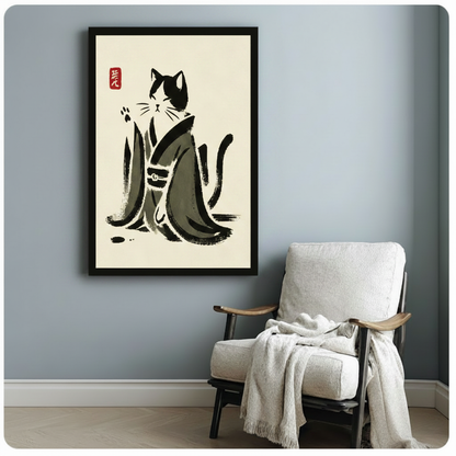 Black framed serene Japanese ink wash painting of a black and white cat in a flowing gray kimono with a thin belt sitting calmly with one paw raised and tail gently curled fluid expressive sumi-e brushwork on a soft cream paper background with red seal stamp upper left zen minimalist cat canvas print hung on a soft blue-gray wall beside a white upholstered wood folding lounge chair with a cream knit throw