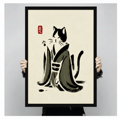 Two hands in black jacket sleeves holding a large black framed Japanese sumi-e ink painting of a tuxedo cat in a traditional dark gray kimono with one paw raised and tail lifted loose expressive ink brushstroke style on warm cream rice paper background with red artist seal stamp upper left zen cat canvas art print, front-facing vertical product size display