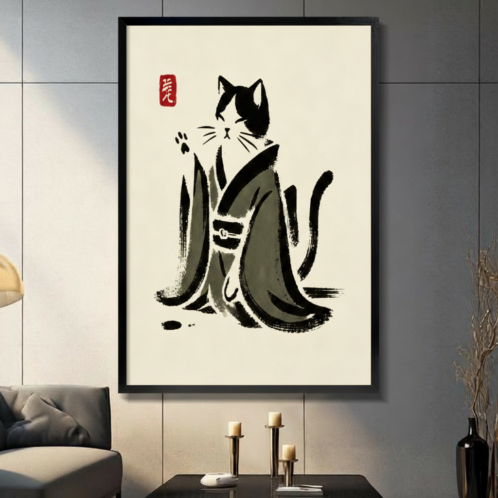 Black framed Japanese sumi-e ink painting of a black and white cat wearing a flowing dark gray kimono with a thin sash sitting upright with one paw gently raised and tail curled upward expressive loose brushstroke style on warm cream rice paper background with red seal stamp upper left zen minimalist cat canvas wall art displayed in a modern dark gray paneled living room with charcoal sofa black coffee table and three gold metal candlesticks beside a slim black vase