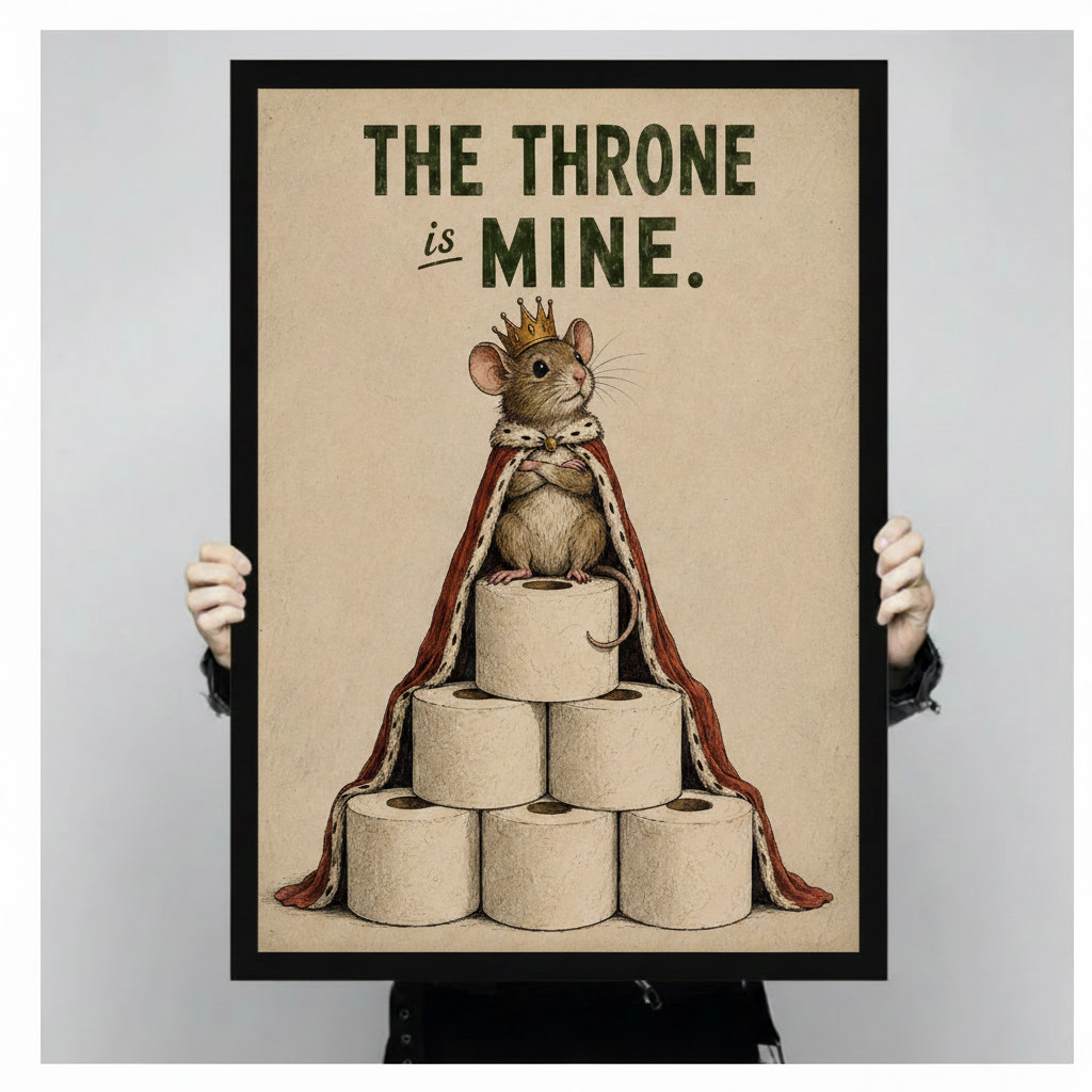 large framed vintage humorous illustration regal mouse with gold crown and red royal mantle perched on stacked toilet paper rolls with bold typography The Throne Is Mine on distressed beige background canvas print with both hands against light grey background - close up size reference of funny bathroom king mouse toilet paper wall art with black frame finish