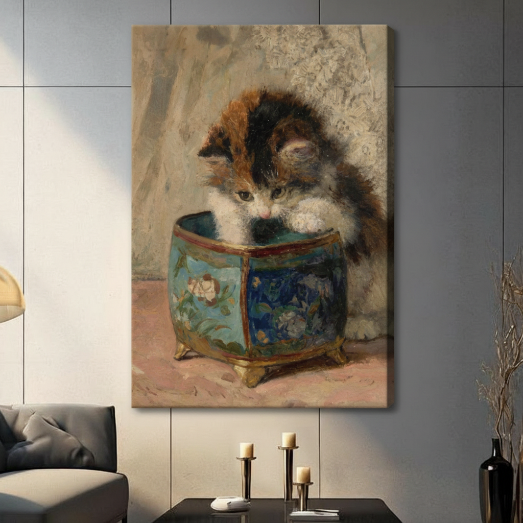 Gallery wrap stretched canvas of a fluffy calico kitten with black orange and white fur leaning over a blue and gold chinoiserie porcelain pot hung frameless on a gray marble wall above a dark sofa with candlesticks