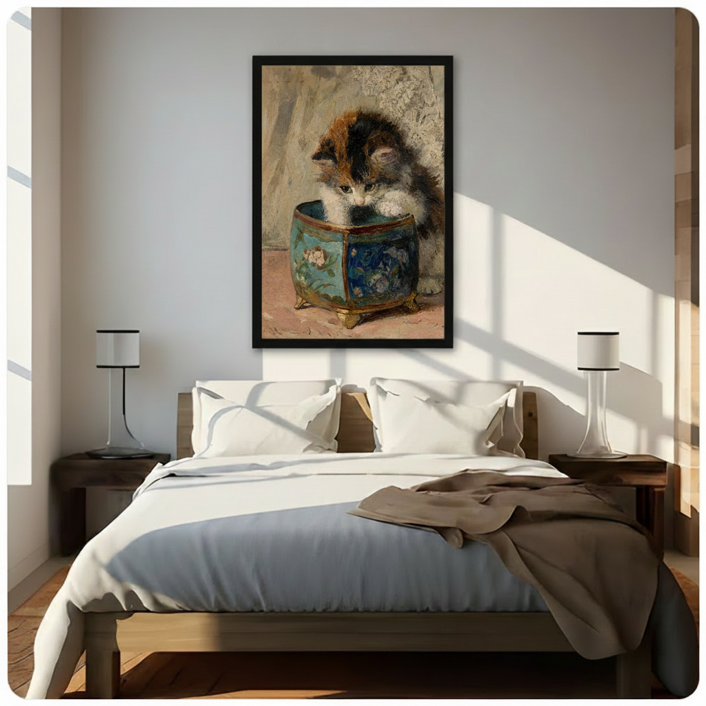 Black framed antique calico kitten leaning into a blue floral chinoiserie porcelain pot Victorian oil painting canvas wall art hung above a dark wood bed with white and beige linen bedding in a sunlit minimalist bedroom