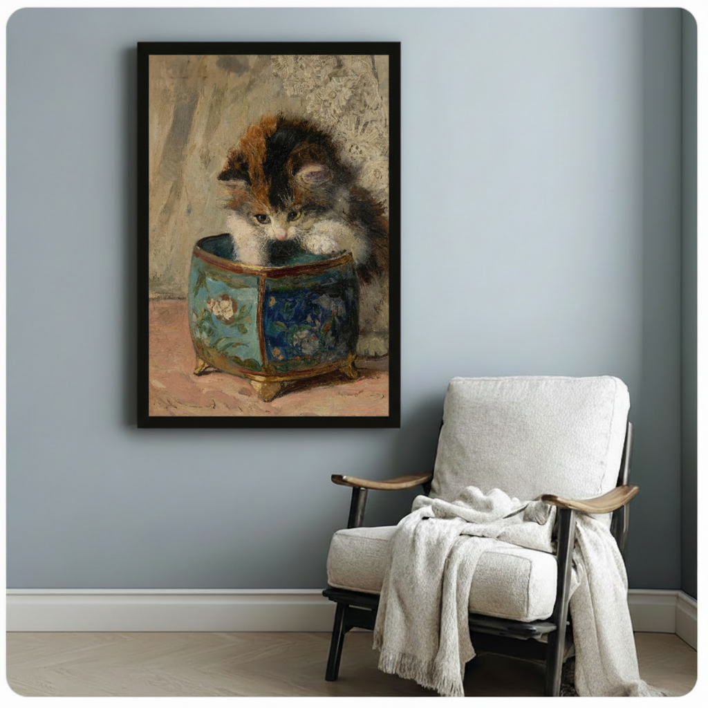 Black framed Victorian antique calico kitten exploring a blue floral chinoiserie pot oil painting canvas print hung on a soft blue-gray wall beside a white upholstered wood lounge chair with a draped cream knit throw