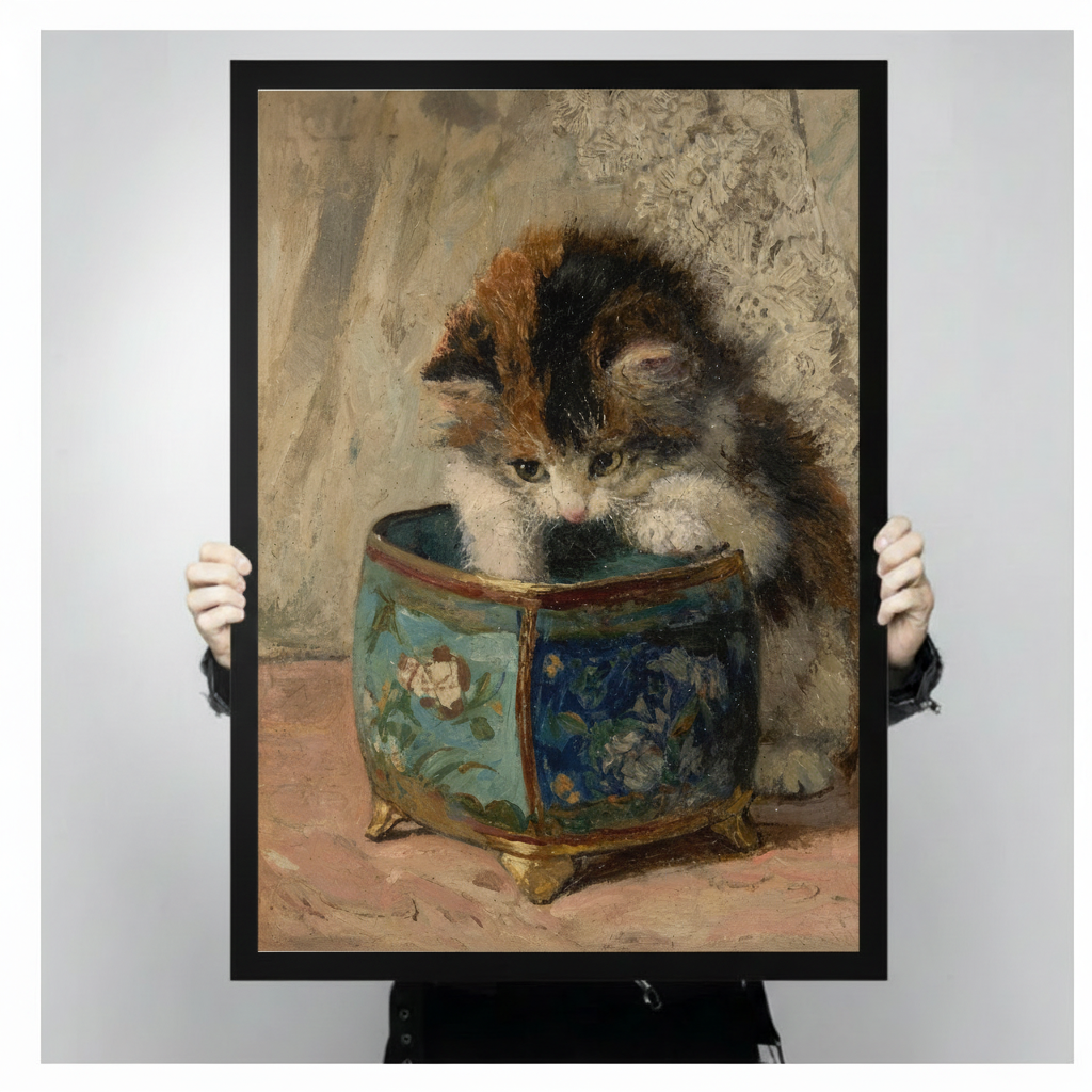 Two gloved hands holding a large black framed vintage calico kitten peering into a blue gold porcelain pot classical oil painting canvas art print with warm beige background, front-facing vertical product size display