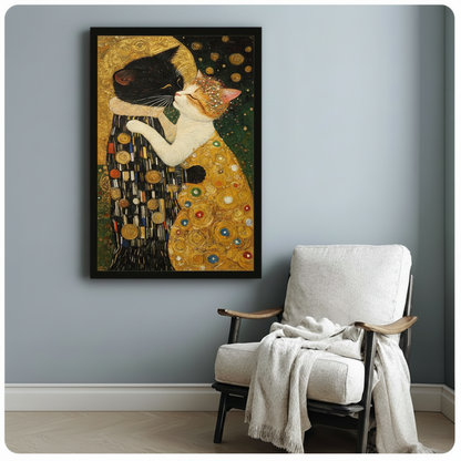 Art nouveau cat kiss framed poster beside cozy armchair, Klimt-style black and white cat hugging orange cat in gold swirl pattern, black frame wall art