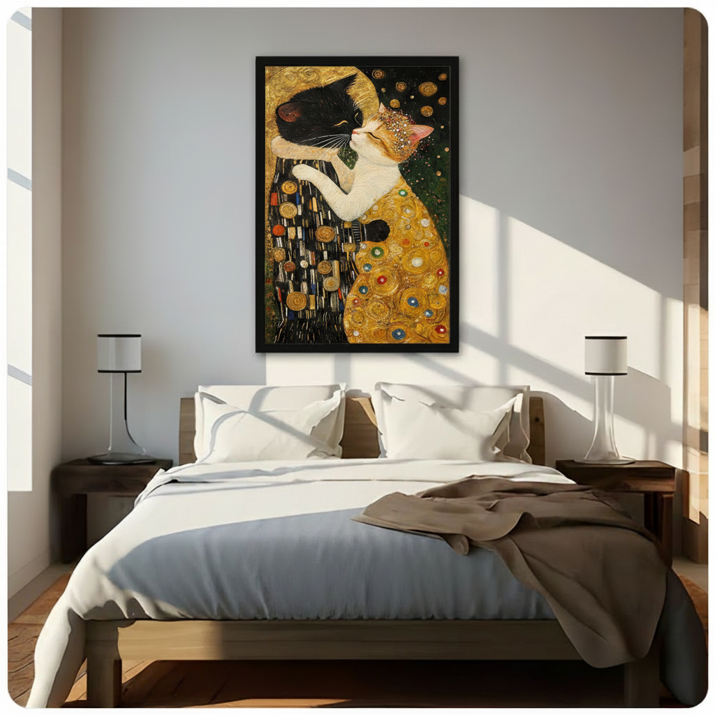 Klimt-inspired cat couple framed print hanging above bed in sunlit minimalist bedroom, romantic gold art nouveau cat kiss poster for bedroom wall decor