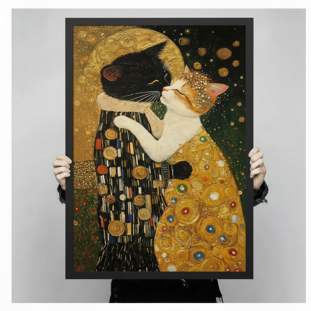 Hand-held close-up of Klimt-style cat kiss black framed art print, detailed gold mosaic pattern with two cats embracing, premium art nouveau animal wall decor