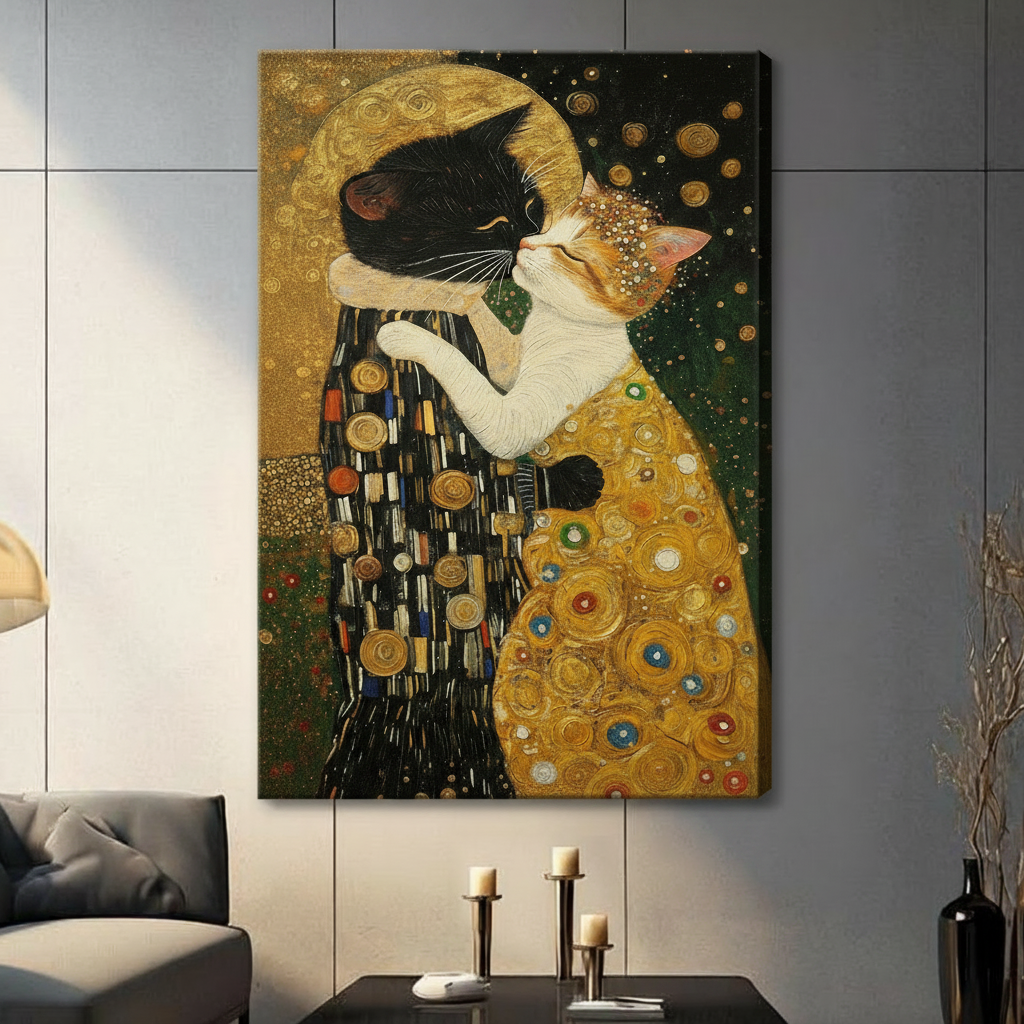 Klimt-inspired cat couple canvas wall art with gold art nouveau pattern, tuxedo cat and orange cat embracing, unframed gallery wrap print for living room