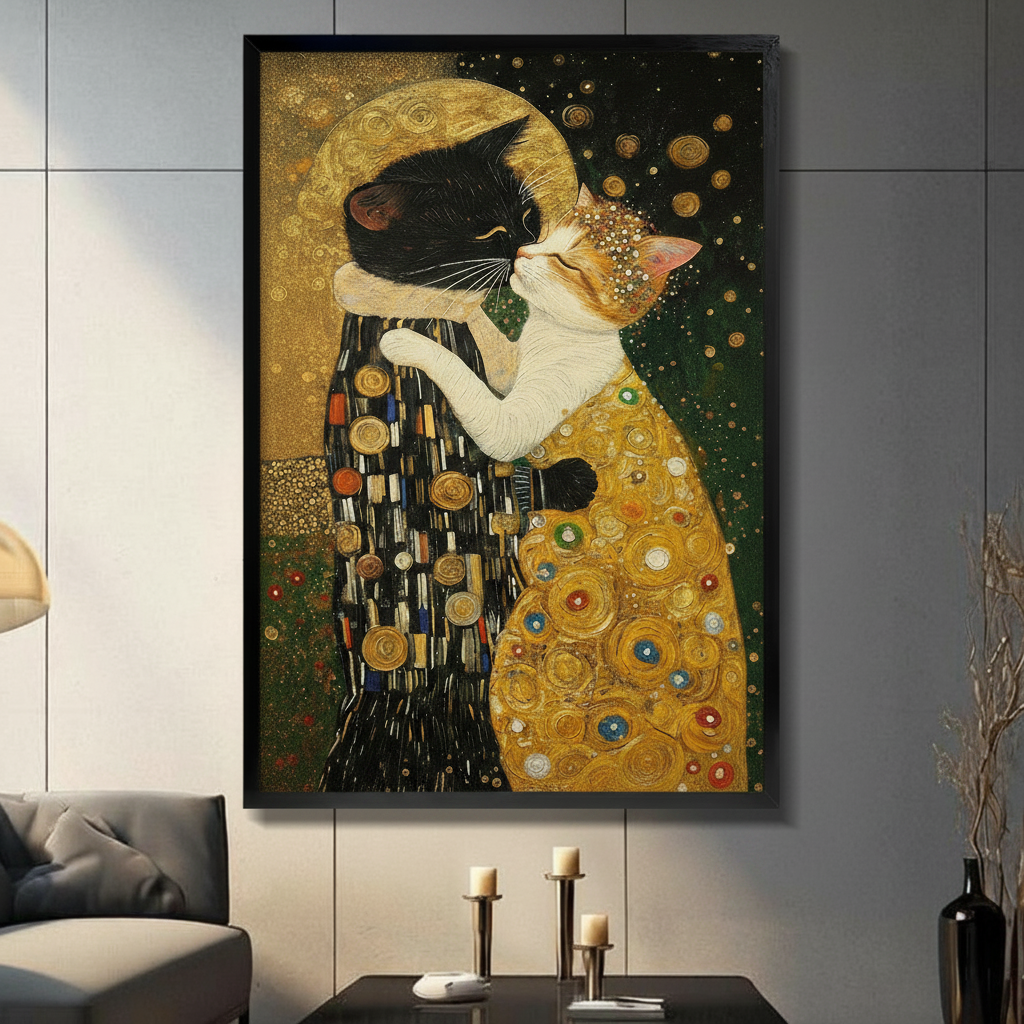 Gustav Klimt style cat kiss framed wall art in modern living room, black and orange cats embracing in gold art nouveau print, black frame poster