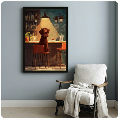 Black framed cartoon illustration chocolate labrador sitting alone at dimly lit bar counter with cocktail and wine bottles canvas print beside white linen armchair on blue-grey wall - funny lonely dog at bar wall art with moody amber spotlight for reading nook or bedroom decor
