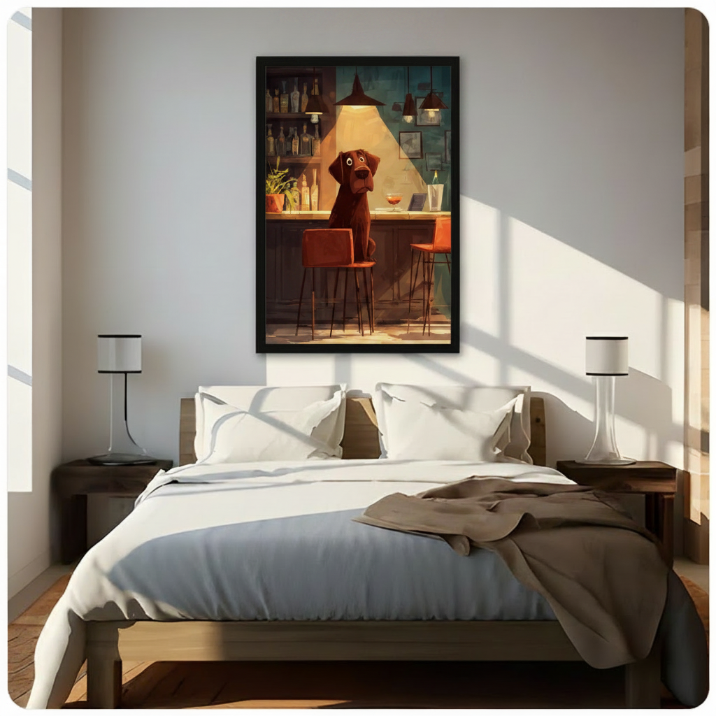 Framed cartoon illustration chocolate labrador alone at dimly lit bar counter with cocktail and wine bottles canvas print above wooden bed in sunlit minimalist bedroom - funny lonely dog at bar wall art with moody amber spotlight and teal background for contemporary bedroom home decor