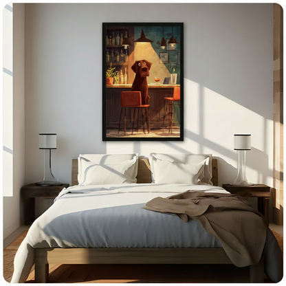 Framed cartoon illustration chocolate labrador alone at dimly lit bar counter with cocktail and wine bottles canvas print above wooden bed in sunlit minimalist bedroom - funny lonely dog at bar wall art with moody amber spotlight and teal background for contemporary bedroom home decor