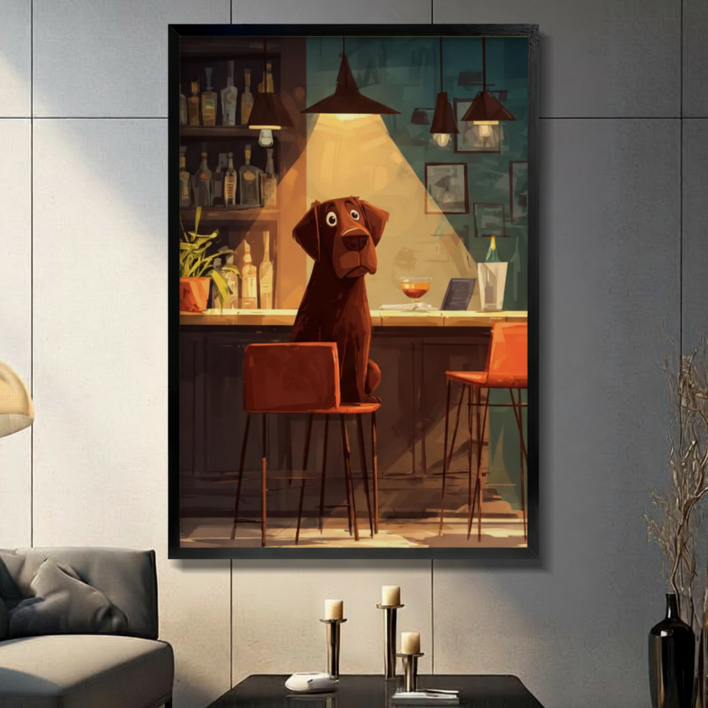 Framed cartoon illustration chocolate labrador sitting alone at moody bar counter with cocktail glass and liquor bottles canvas print on grey tile wall in modern living room - humorous lonely dog at bar wall art with warm amber spotlight for contemporary home decor