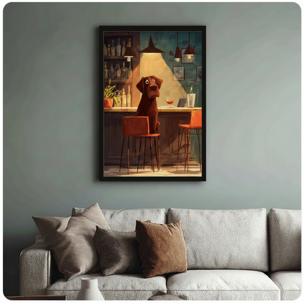 Framed cartoon illustration chocolate labrador alone at moody bar counter with cocktail glass and liquor bottles canvas print above grey sofa on sage blue-grey wall - humorous lonely dog at bar wall art with warm amber spotlight and teal background for stylish living room decor