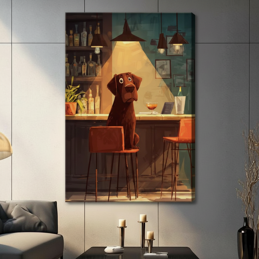 Unframed cartoon illustration chocolate labrador sitting at dimly lit bar counter with cocktail and wine bottles canvas print on grey tile wall in contemporary living room - funny lonely dog at bar wall art with moody teal and amber tones for modern interior decor