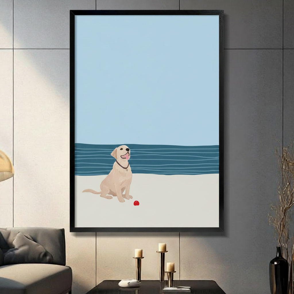 Minimalist yellow labrador on beach framed canvas wall art hanging in modern living room above candle holders