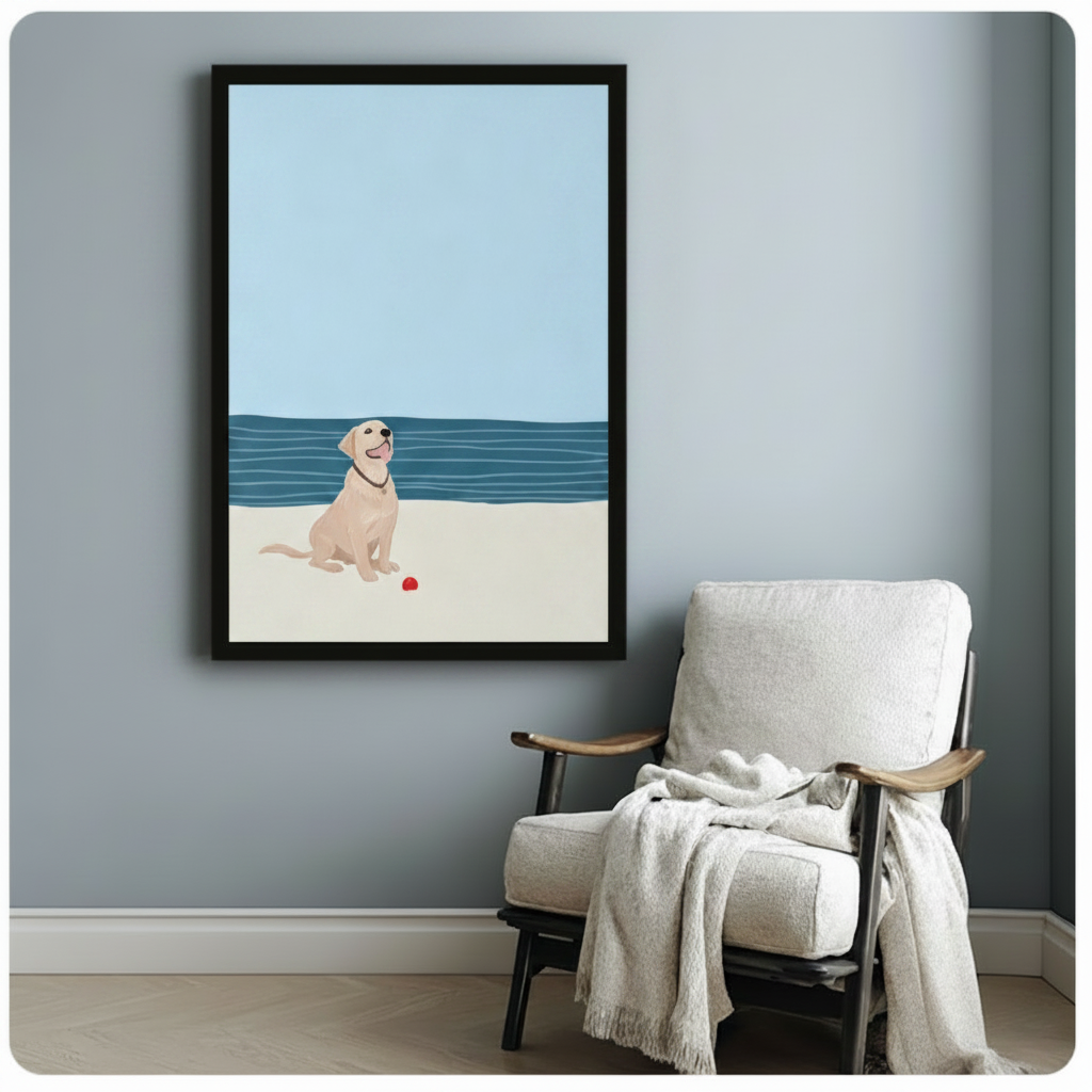 Cute labrador retriever beach canvas wall art in black frame beside white armchair in cozy reading corner