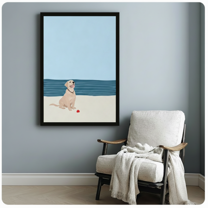 Cute labrador retriever beach canvas wall art in black frame beside white armchair in cozy reading corner