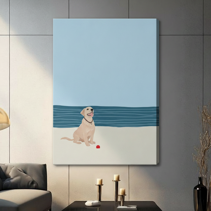 Yellow lab beach scene stretched canvas print displayed on gray living room wall beside dried flower arrangement