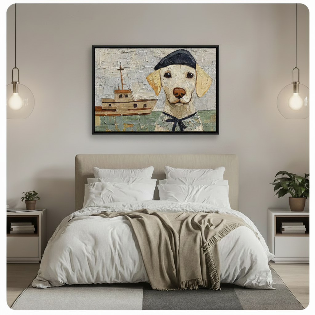 Framed yellow labrador sailor hat nautical oil painting above white bed in modern grey bedroom – coastal impasto dog portrait canvas wall art for bedroom decor