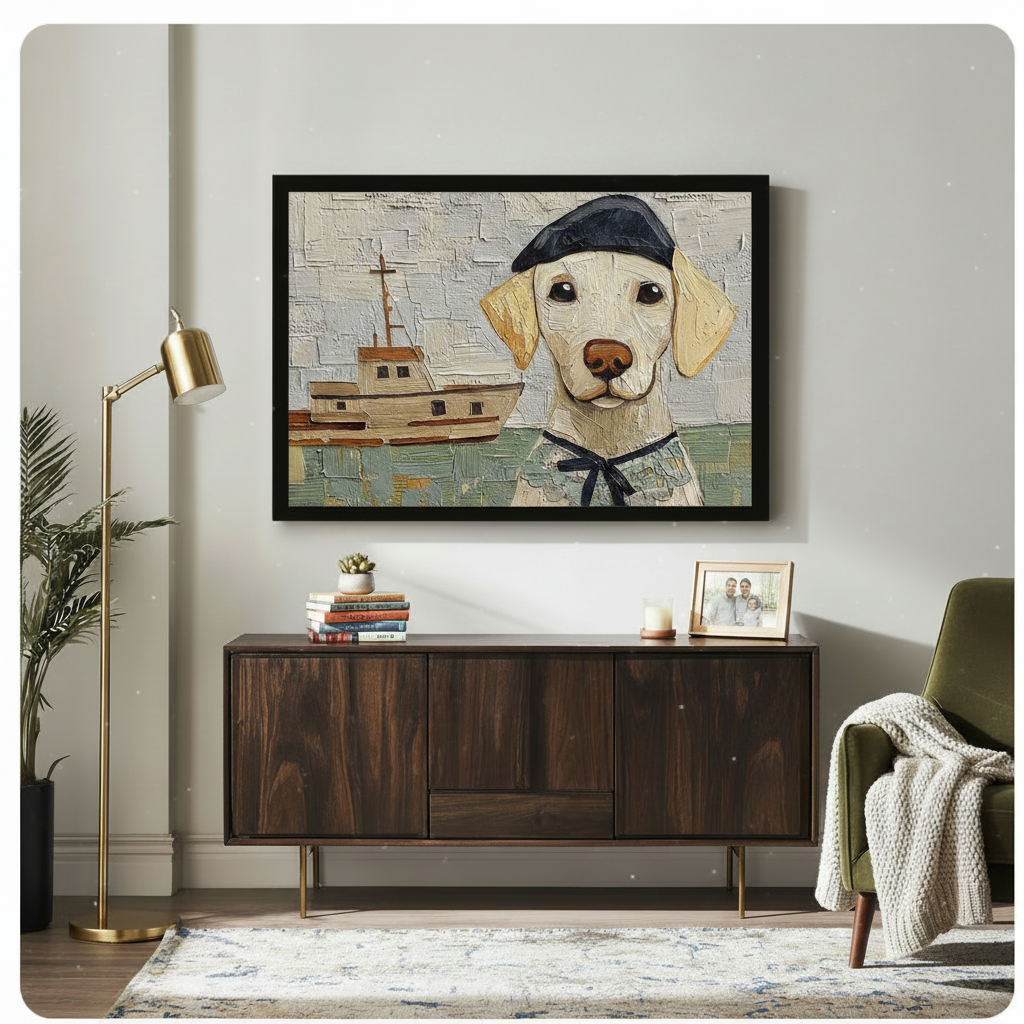 Framed labrador puppy in sailor suit nautical oil painting above dark walnut sideboard on light grey wall – coastal dog wall art styled with gold floor lamp and olive armchair